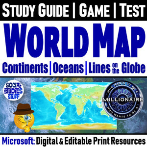 World Map Oceans and Continents Study Guide, Game, Tests Social Studies Stuff Lesson Resources