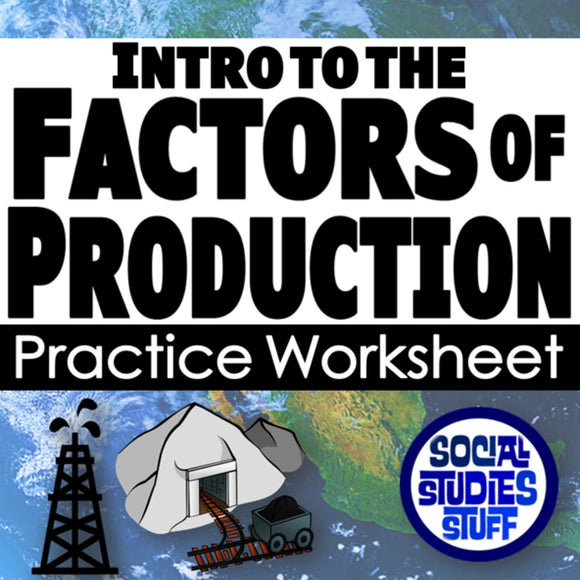 Practice worksheet titled 'Intro to the Factors of Production' with graphics and text overlay.