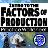 Practice worksheet titled 'Intro to the Factors of Production' with graphics and text overlay.