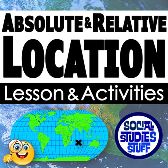 Title card for 'Absolute & Relative Location' lesson and activities with a world map and smiling emoji.
