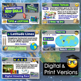 Educational geography game with various maps and educational content on a blue background.