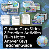 Educational materials including slides, practice activities, notes, and a teacher guide on a world map background.