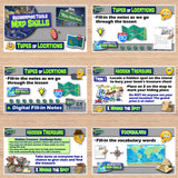 Educational materials on a wooden surface with map skills and location types topics.