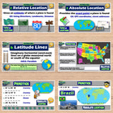 Educational posters on relative and absolute location with maps and globes.