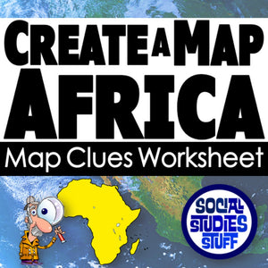 Worksheet titled 'Create a Map Africa' with a cartoon character and map of Africa on a blue background.