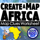 Worksheet titled 'Create a Map Africa' with a cartoon character and map of Africa on a blue background.