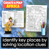 Map of Africa with educational materials and a detective illustration on a blue world map background.