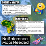Educational poster about bodies of water and landforms with a cartoon character and map of Africa.