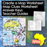 Map of Africa with labeled regions, educational worksheets, and text on a blue map background.