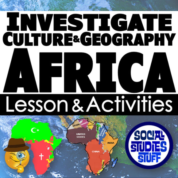 Promotional graphic for Africa lesson and activities with a map and text overlay.
