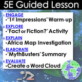 5E Guided Lesson structure for Africa unit with educational activities on a world map background.