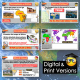 Educational materials about Africa with maps, text, and graphics on a world map background.