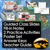 Educational resources including slides, notes, activities, and posters on a world map background.