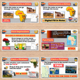 Educational materials about perceptions of Africa on a wooden surface