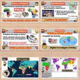 Educational materials on a wooden surface with maps and text about Africa.