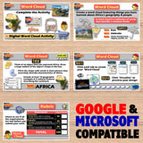 Educational software interface for creating word clouds about Africa on a wooden surface.