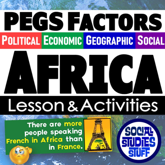 Educational poster about PEGS Factors in Africa with colorful text and graphics.