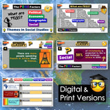 Educational materials on social studies with colorful text and graphics on a world map background.