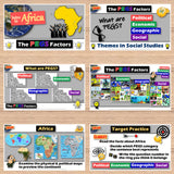 Educational materials on a wooden surface with graphics and text about Africa and the PEGS Factors.