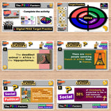Educational software interface with various educational activities on a wooden surface.