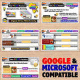 Educational software interface with multiple screens on a wooden surface, featuring Google and Microsoft compatibility text.