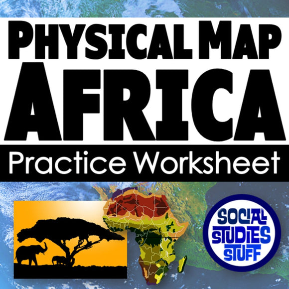 Physical map of Africa practice worksheet with 'Social Studies Stuff' logo.