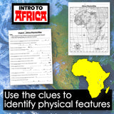 Educational materials on Africa including a map, worksheet, and text about physical features.