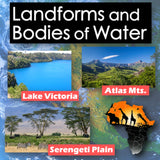 Book cover about landforms and bodies of water with images of Lake Victoria, Atlas Mountains, and Serengeti Plain.