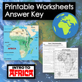 Printable worksheets answer key for Africa with maps and text on a world map background