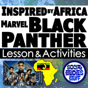 Promotional graphic for 'Inspired by Africa Marvel Black Panther Lesson & Activities' with movie characters and African map.