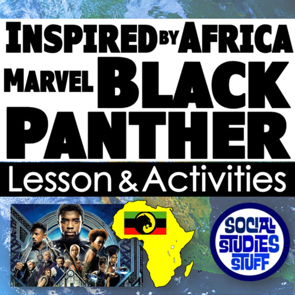 Promotional graphic for 'Inspired by Africa Marvel Black Panther Lesson & Activities' with movie characters and African map.
