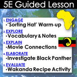 5E Guided Lesson plan with a map of Africa and Black Panther flag on a blue background