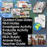 Educational materials including slides, notes, activities, and a poster set on a world map background.
