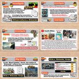 Educational materials about African cultures and the movie 'Black Panther' on a wooden surface.