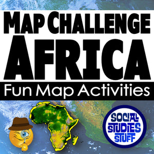 Promotional graphic for 'Map Challenge Africa' with a map of Africa and text about fun map activities.