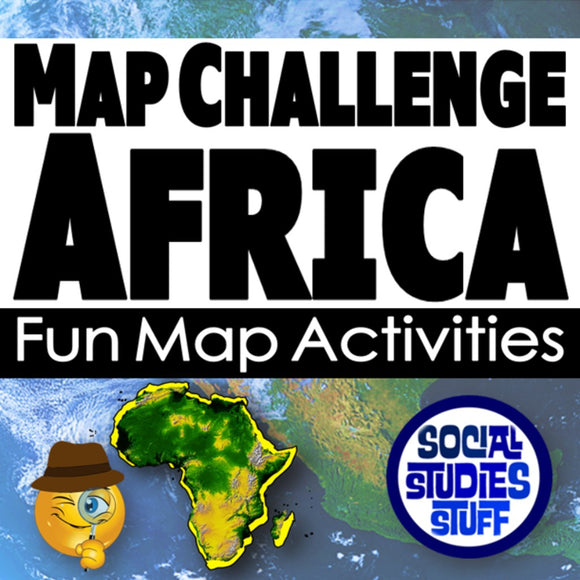 Promotional graphic for 'Map Challenge Africa' with a map of Africa and text about fun map activities.