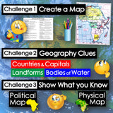 Educational poster with map-related challenges and visual aids on a world map background.