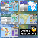 Collection of Africa maps in various styles with digital and print versions text.
