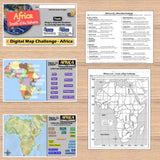 Educational materials on a wooden surface including maps and digital challenge cards.