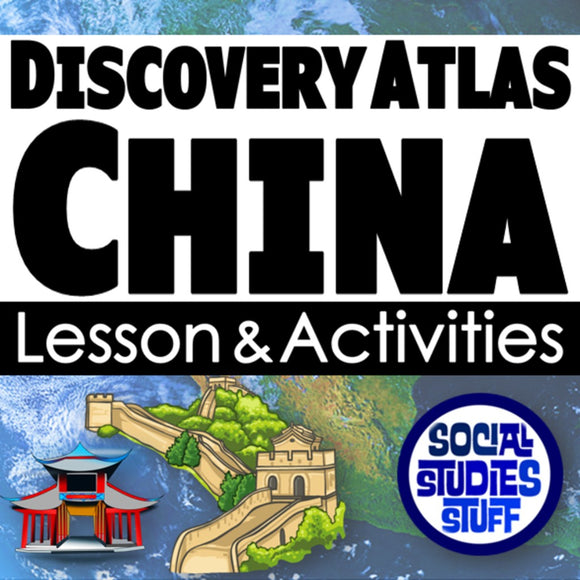 Discovery Atlas China lesson and activities with illustrations of the Great Wall and traditional Chinese architecture.