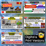 Educational materials on a blue background with text and graphics about China.
