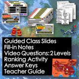 Educational materials including slides, notes, and videos on a world map background.