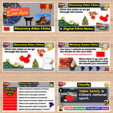 Educational materials on China with various activities and questions displayed on a wooden surface.