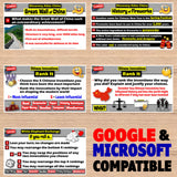 Educational game cards on a wooden surface with Google and Microsoft compatibility text.