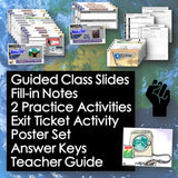 Educational materials including slides, notes, activities, and posters on a blue background.