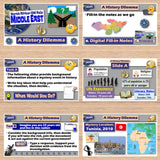 Educational history game interface with various slides on a wooden surface