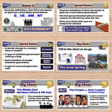 Educational game interface with multiple screens on a wooden background