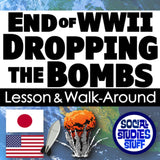 Title card for a lesson on the end of WWII and dropping bombs, featuring text and graphics related to World War II.