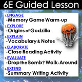 6E Guided Lesson plan with a Godzilla-themed memory game warm-up activity on a blue background.