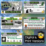 Educational content about World War II and the atomic bomb on a blue and green background.